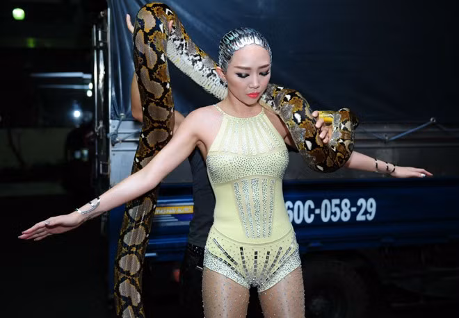 Tóc Tiên diễn cùng trăn và các chàng trai 6 múi