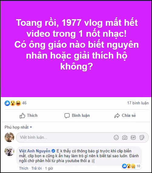 Phản hồi của Việt Anh trước việc kênh 1977 Vlog bị xóa.