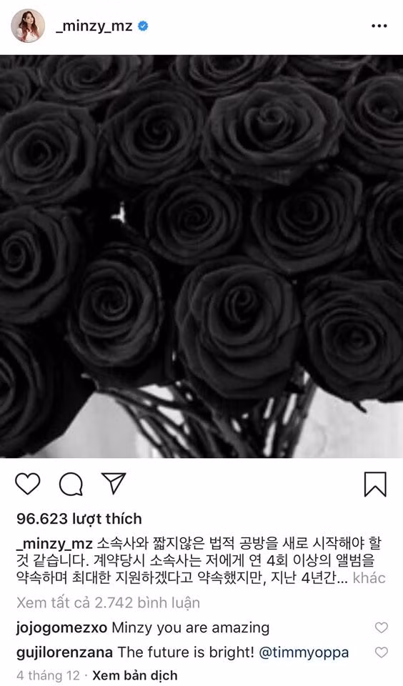 Bài đăng trên Instagram của Minzy.