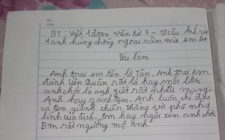 Bài văn tả “anh hùng chống ngoại xâm” của cậu bé khiến dân tình cười sằng sặc, lý do vì nhân vật không ai ngờ