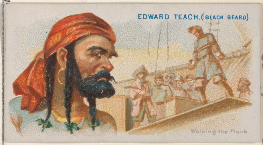 Phác họa Edward Teach (hải tặc Râu Đen) cho thấy đeo khuyên tai bằng vàng lớn.