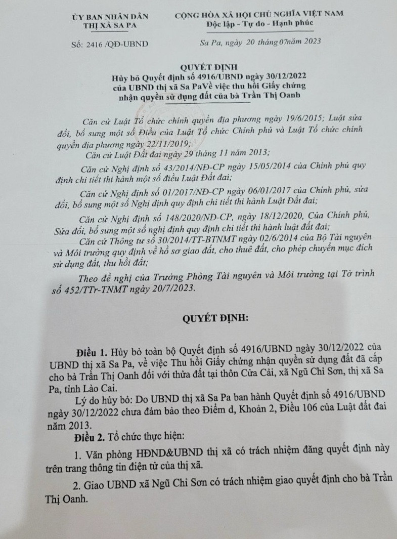 Quyết định phủ nhận quyết định thu hồi trước đó.