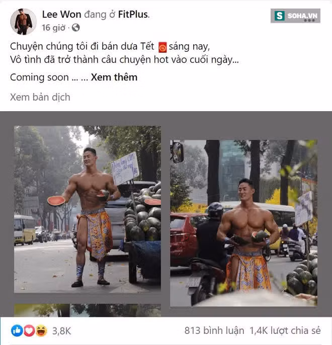 Dòng chia sẻ của anh chàng "6 múi", mặc như đóng khố bán dưa hấu trên đường Sài Gòn khiến chị em "náo loạn" khắp mạng xã hội. Ảnh: FBNV.