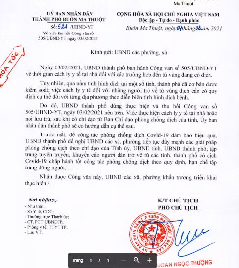 Công văn thu hồi công văn yêu cầu công dân từ vùng dịch về cách ly tại nhà 21 ngày. Ảnh: NLĐ.