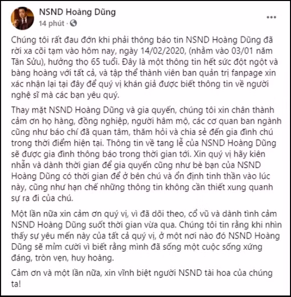 Thông tin về tang lễ NSND Hoàng Dũng ảnh 1