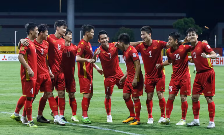 Cầu thủ Việt Nam vui mừng sau chiến thắng Campuchia 4-0 (Ảnh VFF).
