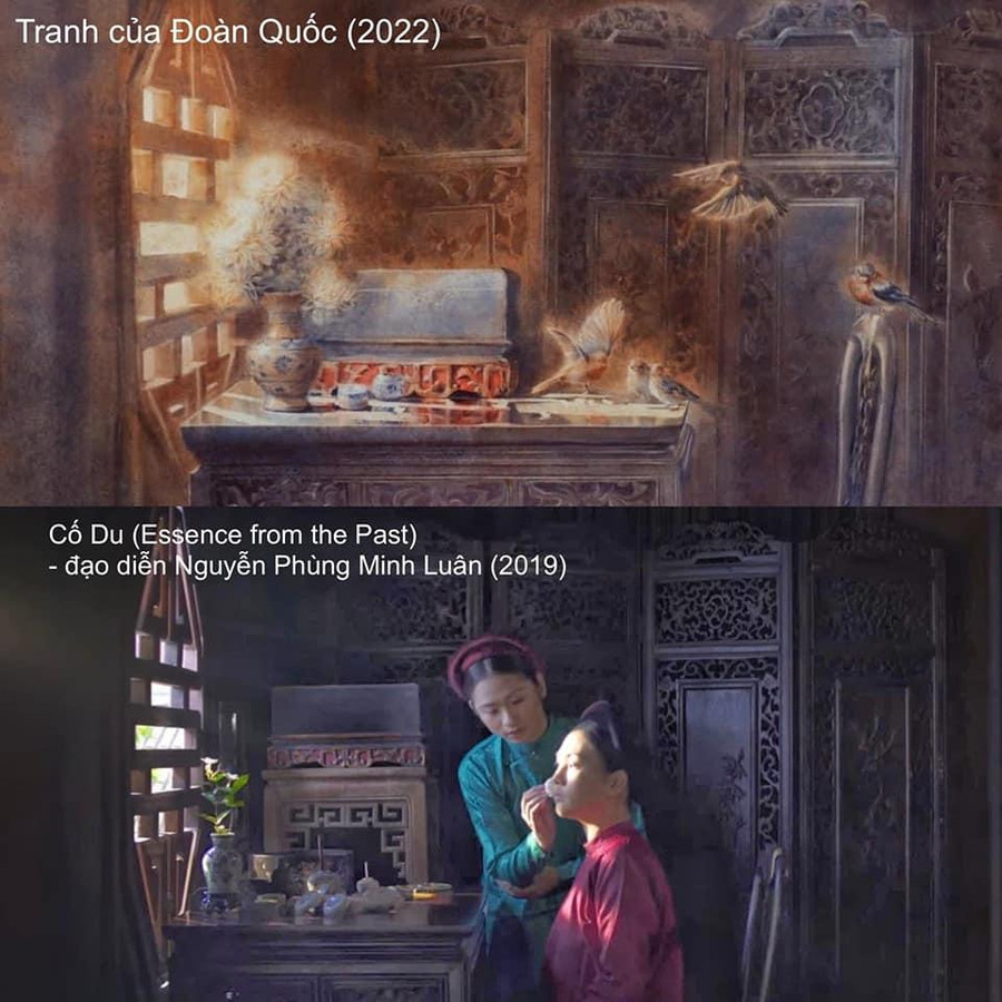 Bức tranh “Góc khuê phòng” của Đoàn Quốc và cảnh trong phim “Cố Du” của Minh Luân (ảnh La Quốc Bảo).