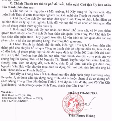 Thanh tra TP Cần Thơ chỉ ra những sai phạm và kiến nghị xử lý những sai phạm đất đai tại quận Bình Thủy.