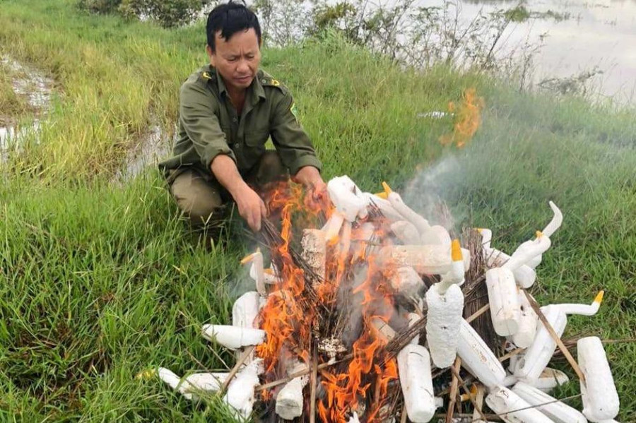 Tiến hành tiêu hủy dụng cụ, phương tiện bắt, bẫy chim. Tiến hành tiêu hủy dụng cụ, phương tiện bắt, bẫy chim.