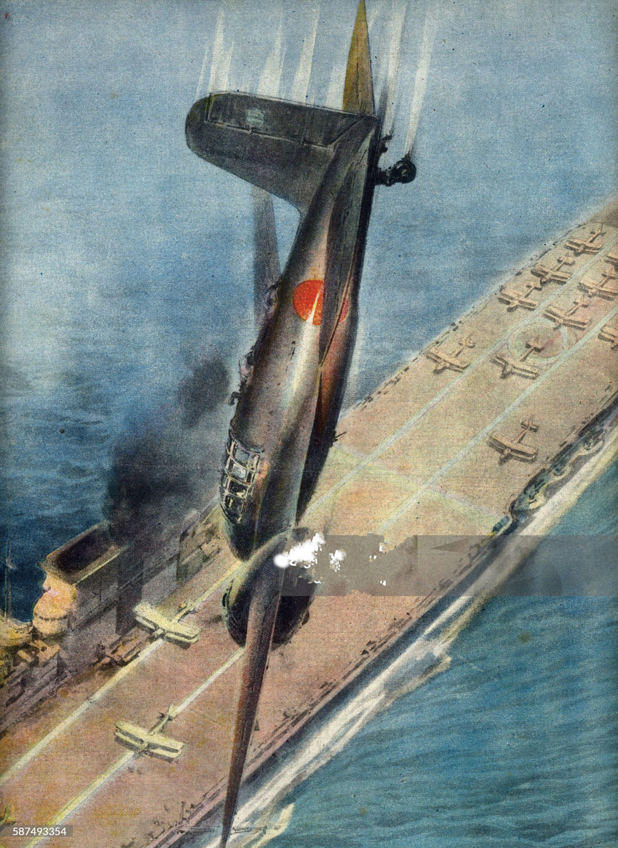 Máy bay của phi đội Thần phong lao xuống tàu chiến Mỹ. Máy bay của phi đội Thần phong lao xuống tàu chiến Mỹ.