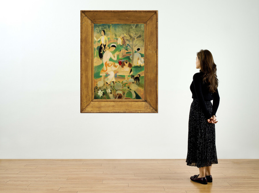 'Gia đình ở ngoài vườn', mực và bột mực trên lụa, vẽ năm 1938 của Lê Phổ đạt mức giá 18,6 triệu HKD. Ảnh: ITN. 'Gia đình ở ngoài vườn', mực và bột mực trên lụa, vẽ năm 1938 của Lê Phổ đạt mức giá 18,6 triệu HKD. Ảnh: ITN.
