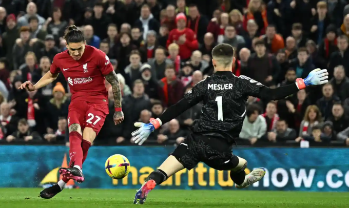 Nunez và các đồng đội tại Liverpool thua Leeds Utd 0-1 ở vòng 14 Ngoại hạng Anh. Nunez và các đồng đội tại Liverpool thua Leeds Utd 0-1 ở vòng 14 Ngoại hạng Anh.