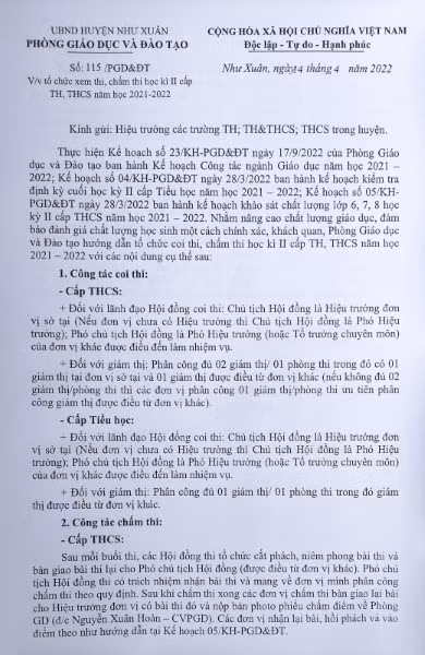 Công văn của Phòng GD&amp;ĐT huyện Như Xuân (Thanh Hóa) về việc tổ chức coi thi, chấm thi học kỳ II.