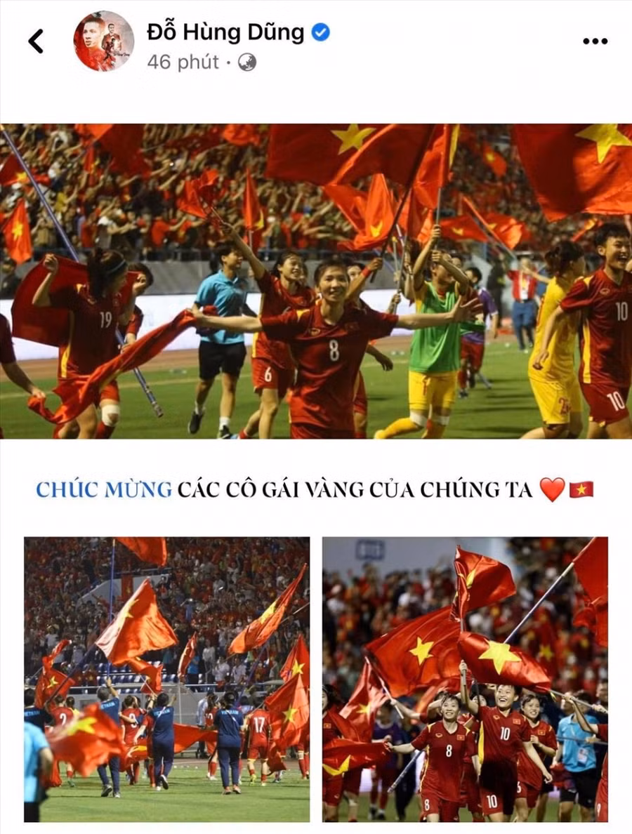 Hùng Dũng chúc mừng đồng nghiệp nữ vô SEA Games 31. Ảnh: Facebook Hung Dung.

