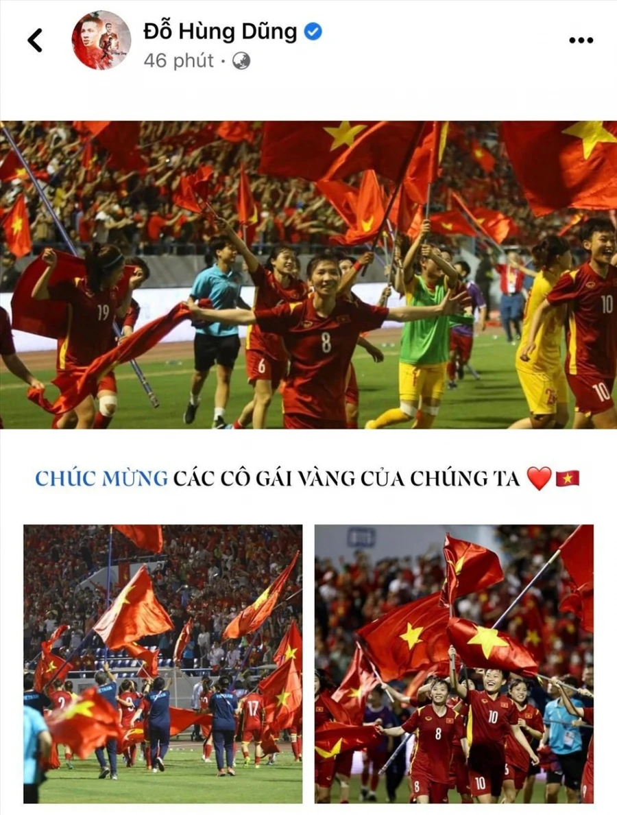 Hùng Dũng chúc mừng đồng nghiệp nữ vô SEA Games 31. Ảnh: Facebook Hung Dung.
