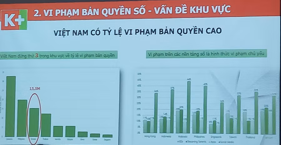 Biểu đồ thể hiện thực trạng vi phạm bản quyền số trong khu vực và trên thế giới, trong đó Việt Nam đứng ở vị trí 'xấu xí', được cung cấp bởi luật sư Phạm Thanh Thủy. Ảnh: Bình Thanh.