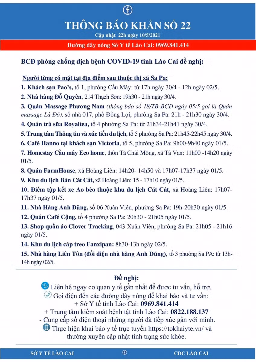 Lào Cai khẩn tìm người đến 15 địa điểm liên quan ca mắc COVID-19 ảnh 1