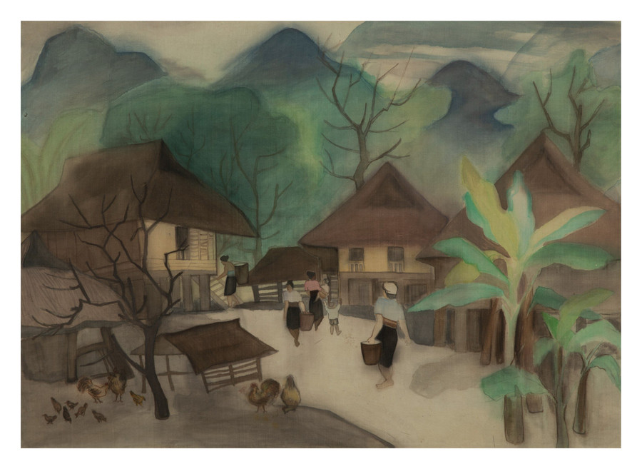 Tác phẩm 'Phong cảnh Mai Châu' của Lê Kim Mỹ, lụa. Tác phẩm 'Phong cảnh Mai Châu' của Lê Kim Mỹ, lụa.