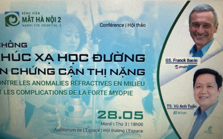 Hai diễn giả tham gia hội thảo “Phòng chống tật khúc xạ học đường và biến chứng cận thị nặng”.