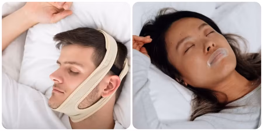 Miếng dán miệng và dải đeo cằm tiềm ẩn rủi ro cao. Ảnh: Channelnewsasia.com. Miếng dán miệng và dải đeo cằm tiềm ẩn rủi ro cao. Ảnh: Channelnewsasia.com.