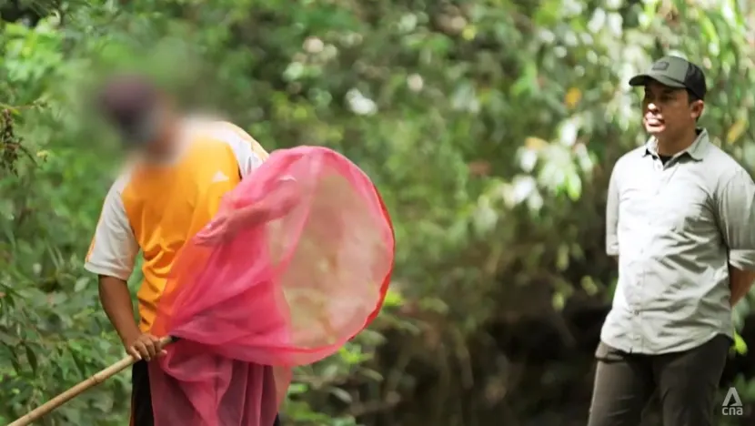 Nhà làm phim tài liệu Arfan Sabran (phải) với thợ săn các loài bướm Joyo. Ảnh: CNA