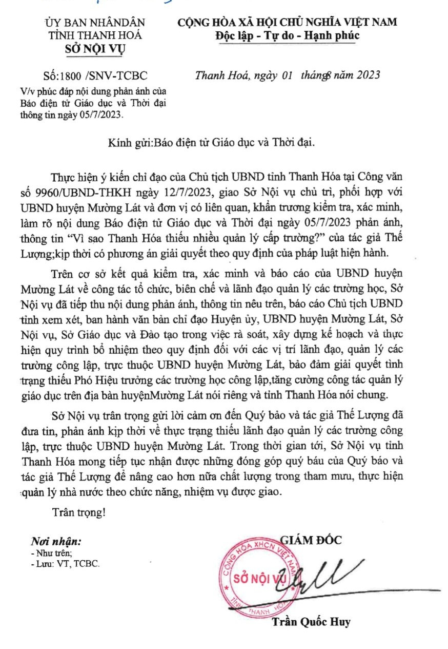 Công văn phúc đáp của Sở Nội vụ tỉnh Thanh Hóa.