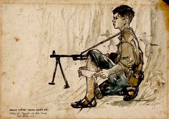 Tác phẩm “Ngoan cường trong chiến đấu” trong triển lãm “Ký họa kháng chiến miền Nam”.