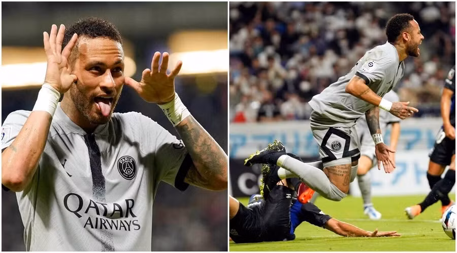 Neymar ăn vạ lộ liễu kiếm phạt đền trong trận PSG gặp và Gamba Osaka. Ảnh: AP.