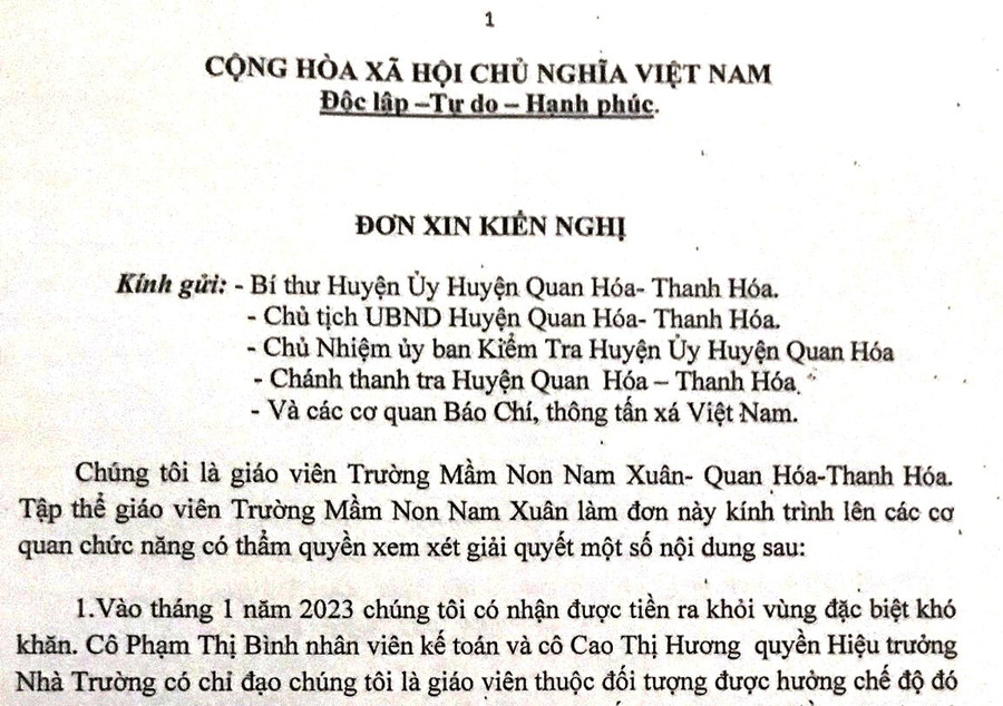 Đơn kiến nghị của tập thể giáo viên Trường Mầm non Nam Xuân.