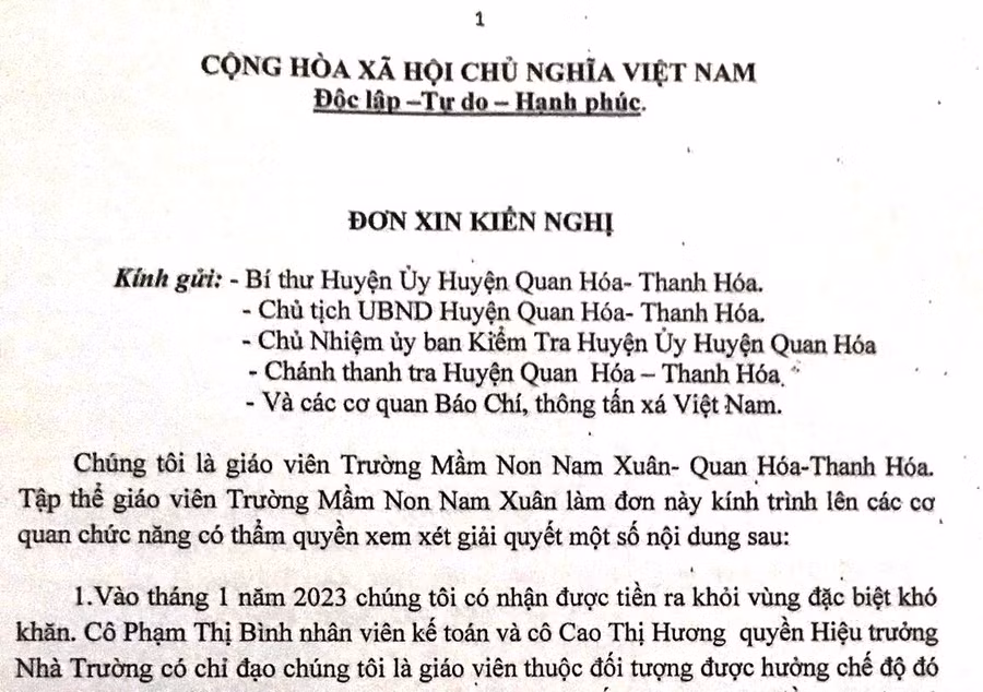 Đơn kiến nghị của tập thể giáo viên Trường Mầm non Nam Xuân.