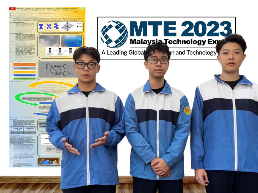 (Từ trái sang) Học sinh Nguyễn Minh Đức, Trần Việt Hưng và Nguyễn Việt Dũng thực hiện dự án &quot;Xây dựng mô hình hệ thống xử lí khí thải bằng hiện tượng quang xúc tác của Nano titan dioxit”.
