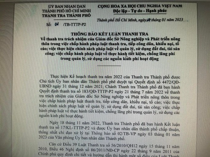 Một phần kết luận của Thanh tra TPHCM về các thiếu sót trong quản lý của Sở Nông nghiệp và Phát triển nông thôn TPHCM.