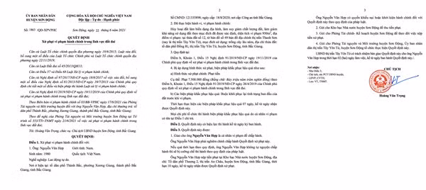 UBND huyện Sơn Động vừa ra Quyết định xử phạt ông Nguyễn Văn Hợp, Giám đốc Công ty TNHH Vận tải Xương Giang 7,5 triệu đồng.