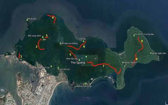 Theo ông Huỳnh Đức Thơ, Chủ tịch UBND TP Đà Nẵng, trong thời gian chưa cấm được xe máy thì các ngành chức năng cần cấm xe tay ga. "Nếu đi thì phải đi xe số, phải là người biết cách vào số, lên dốc và xuống dốc phải đi số nhỏ. Nếu vấn đề này mà giải quyết kịp thời thì sẽ hạn chế được tai nạn”, ông Huỳnh Đức Thơ cho biết. Ảnh mô phỏng vị trí các con dốc nguy hiểm nhất ở bán đảo Sơn Trà:Bùi Văn Tuấn. 9 khuc cua