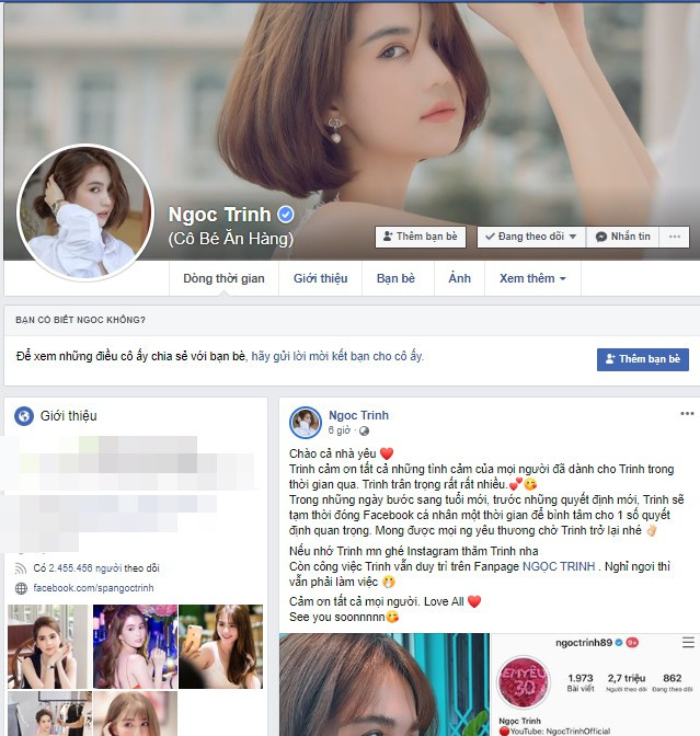 Ngọc Trinh bất ngờ đóng tài khoản Facebook có hơn 2,4 triệu người theo dõi ảnh 1 Ngọc Trinh bất ngờ đóng tài khoản Facebook có hơn 2,4 triệu người theo dõi - ảnh 1