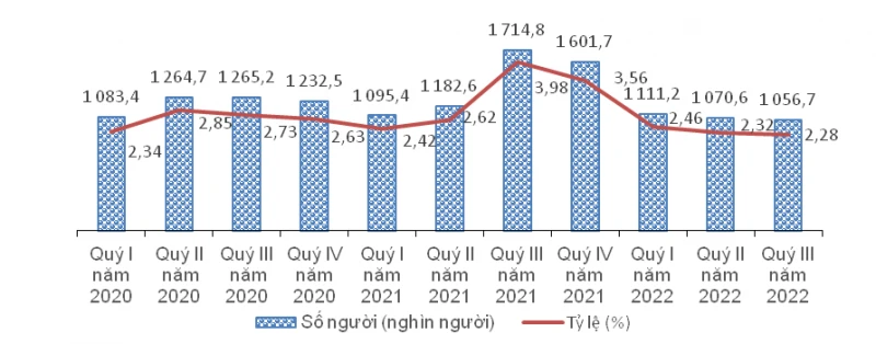 Số người và tỷ lệ thất nghiệp trong độ tuổi lao động theo quý, giai đoạn 2020 - 2022. 