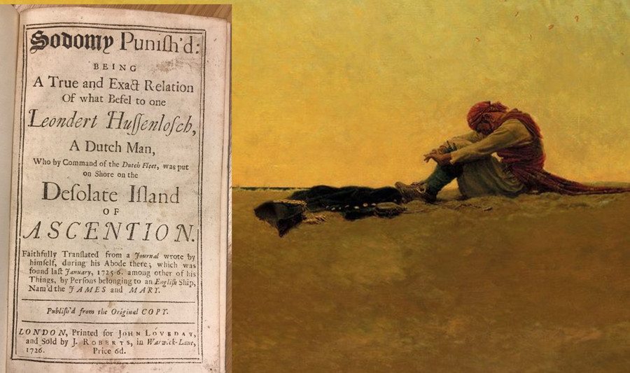 Minh họa người lính &apos;gay&apos; bị bỏ trên hoang đảo và quyển nhật ký của anh được xuất bản bằng tiếng Anh vào năm 1726.