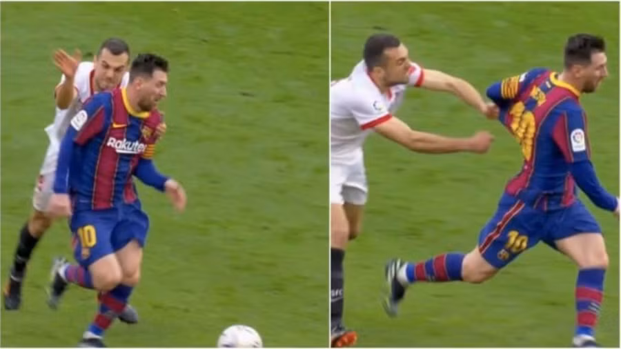 Messi biến Jordan hoá "gã hề" với 2 pha kéo áo lộ liễu.