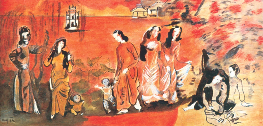 Nguyễn Gia Trí - 'Thiếu nữ bên Hồ Gươm', 1943 - 1944 (Mực sơn ta trên giấy. Phác thảo trên giấy cho bức sơn mài cùng tên).