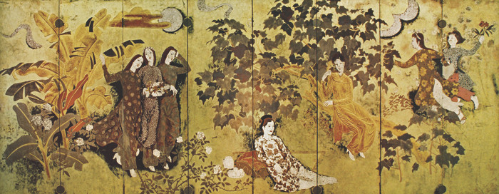 Nguyễn Gia Trí - &apos;Thiếu nữ trong vườn&apos; (mặt trước); &apos;Dọc mùng&apos; (mặt sau), 1939. Sơn mài (159x400cm). Bảo vật quốc gia.