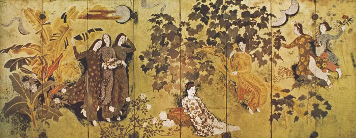 Nguyễn Gia Trí - 'Thiếu nữ trong vườn' (mặt trước); 'Dọc mùng' (mặt sau), 1939. Sơn mài (159x400cm). Bảo vật quốc gia.