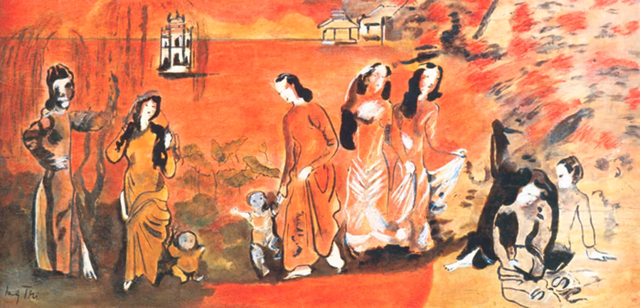 Nguyễn Gia Trí - 'Thiếu nữ bên Hồ Gươm', 1943 - 1944 (Mực sơn ta trên giấy. Phác thảo trên giấy cho bức sơn mài cùng tên).