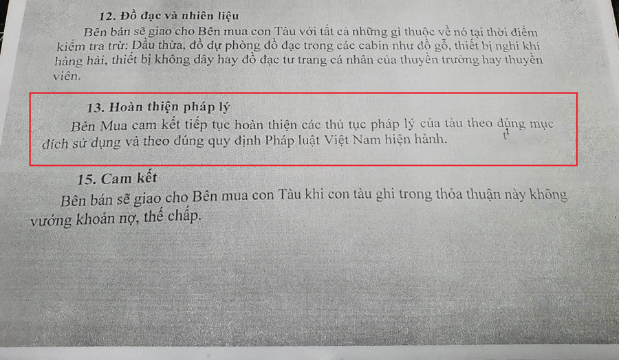 Cam kết thể hiện bên mua (đại diện là ông Nguyễn Văn Soái) phải tiếp tục hoàn thiện các thủ tục pháp lý của tàu theo đúng mục đích sử dụng và theo đúng quy định của pháp luật. Cam kết thể hiện bên mua (đại diện là ông Nguyễn Văn Soái) phải tiếp tục hoàn thiện các thủ tục pháp lý của tàu theo đúng mục đích sử dụng và theo đúng quy định của pháp luật.
