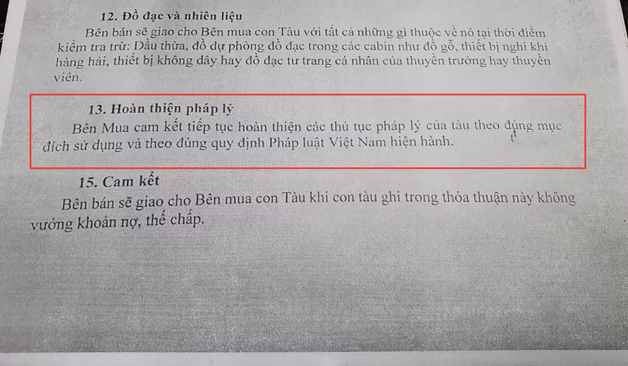 Cam kết thể hiện bên mua (đại diện là ông Nguyễn Văn Soái) phải tiếp tục hoàn thiện các thủ tục pháp lý của tàu theo đúng mục đích sử dụng và theo đúng quy định của pháp luật.