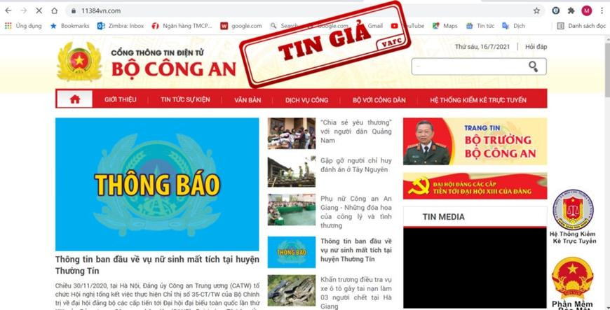 Một Website www.11384vn.com giả mạo Cổng thông tin Bộ Công an. Ảnh: tingia.gov.vn. 