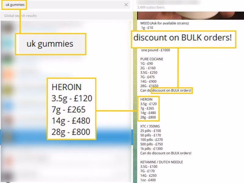 Một người bán đang quảng cáo các loại ma túy như heroin và giảm giá hàng loạt các loại ma túy đối với đơn hàng mua số lượng nhiều. Ảnh: Sky News.