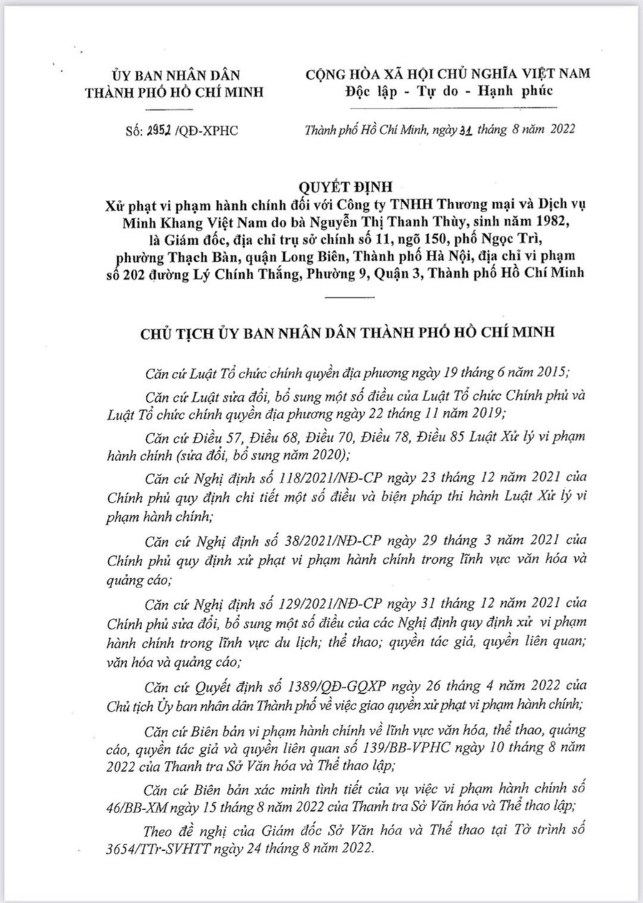 Quyết định xử phạt được UBND TPHCM ban hành ngày 31/8/2022. Ảnh: Bộ VH TT&amp;DL.