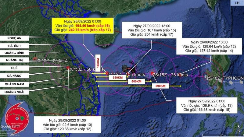 Dự báo về hướng đi và sức gió của cơn bão Noru. Ảnh: Zalo “1022 Quảng Nam”.