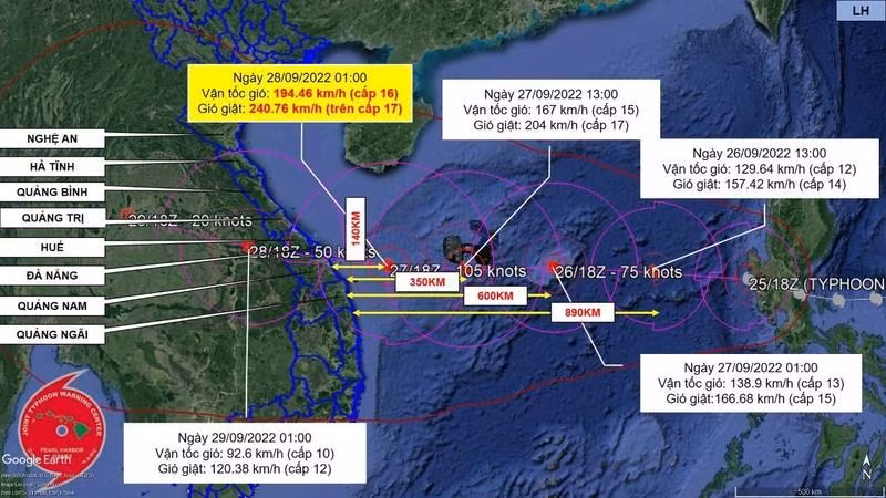 Dự báo về hướng đi và sức gió của cơn bão Noru. Ảnh: Zalo “1022 Quảng Nam”.