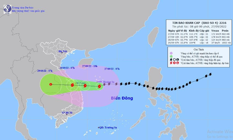 Vị trí và hướng di chuyển của bão Noru. Ảnh: Trung tâm Dự báo KTTVQG.